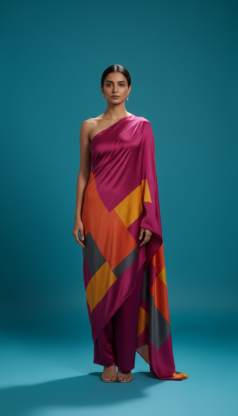 Vivid Magenta asymmetric satin saree