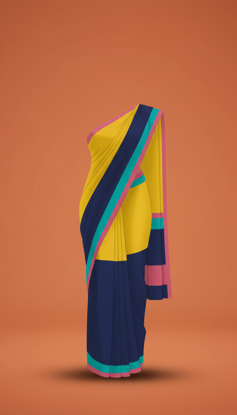 Sunbeam Yellow and deep navy contrast panel saree