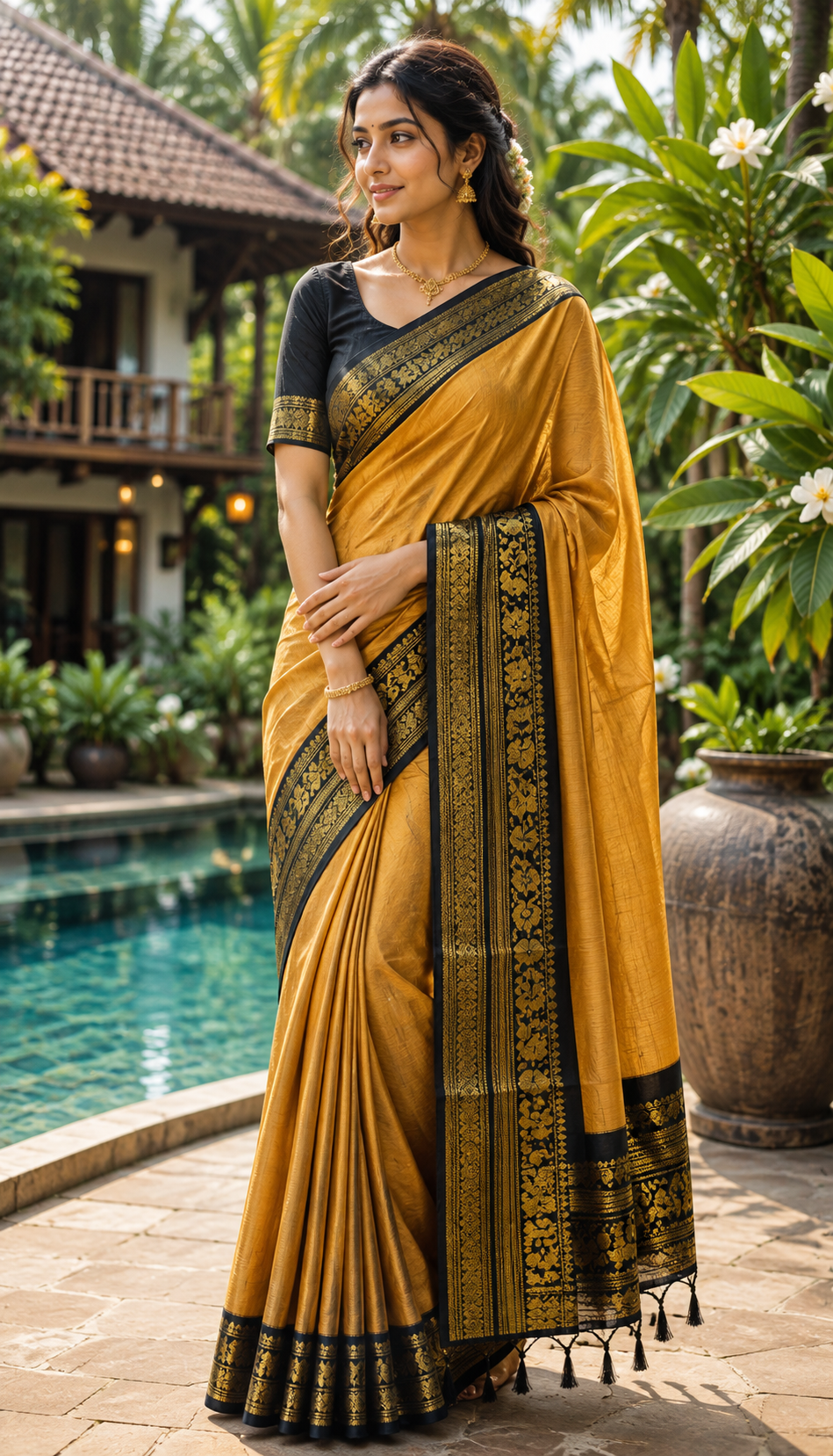 Mustard Gold & Black Zari Saree