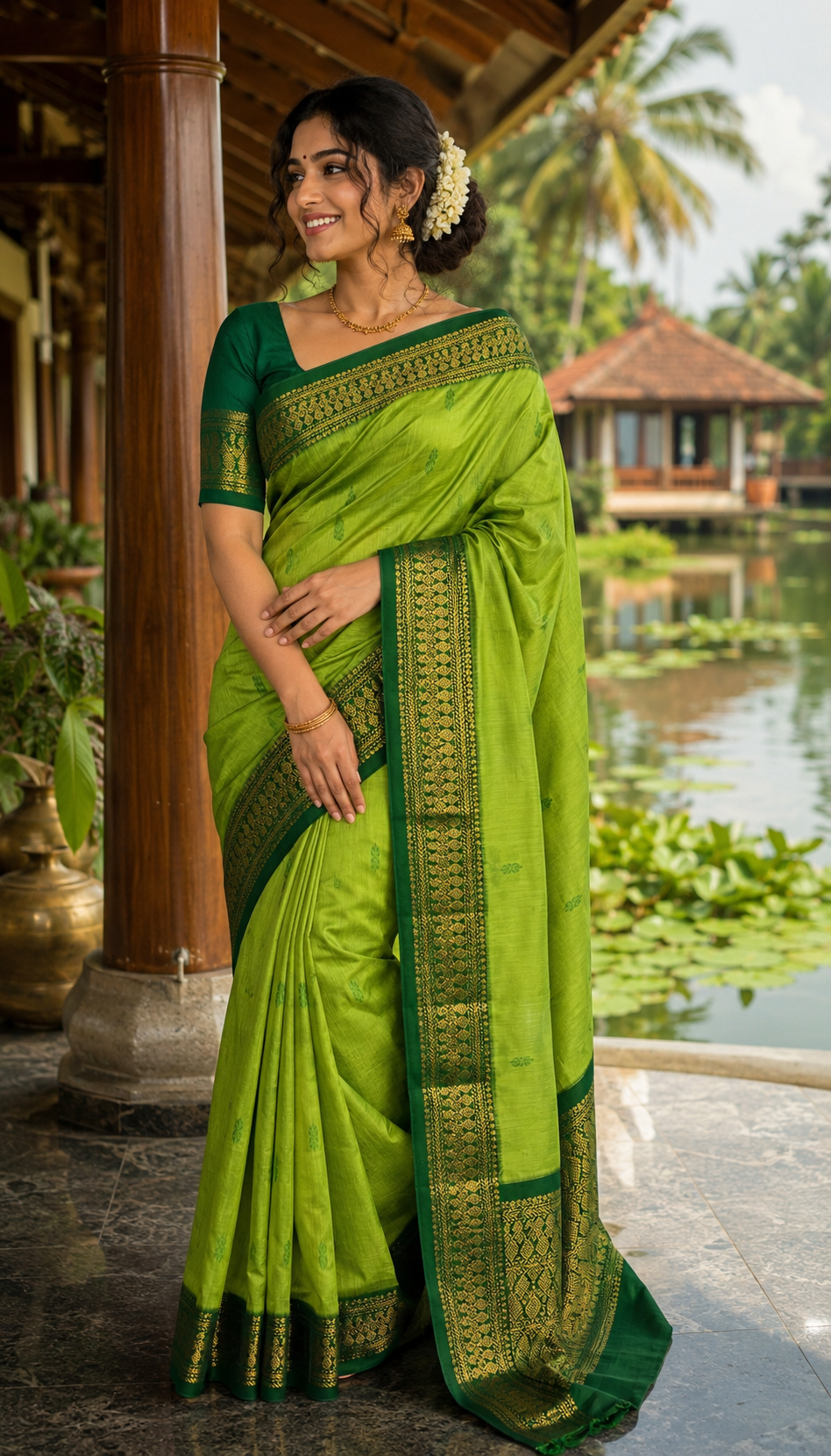 Kalyani Cotton Parrot Green & Bottle Green Zari Saree