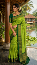 Kalyani Cotton Parrot Green & Bottle Green Zari Saree