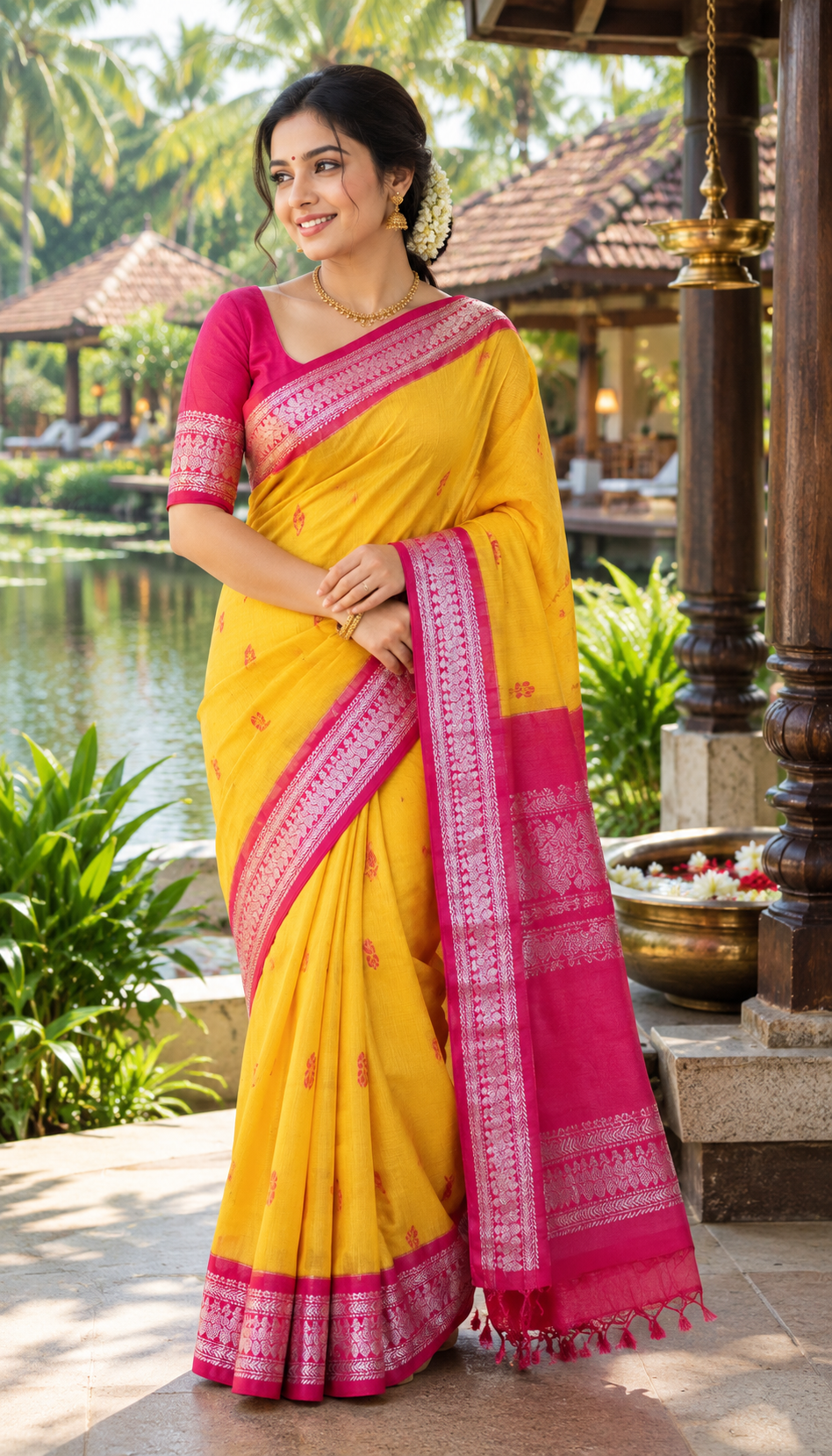 Kalyani Cotton Saree – Mustard Gold & Magenta Elegance (Kalyani Cotton)
