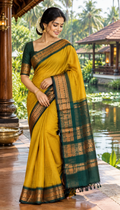 Mustard Yellow & Bottle Green Antique Zari Saree (Kalyani Cotton)