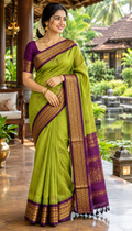 Lime Green & Deep Purple Kasavu-Style Saree (Kalyani Cotton)