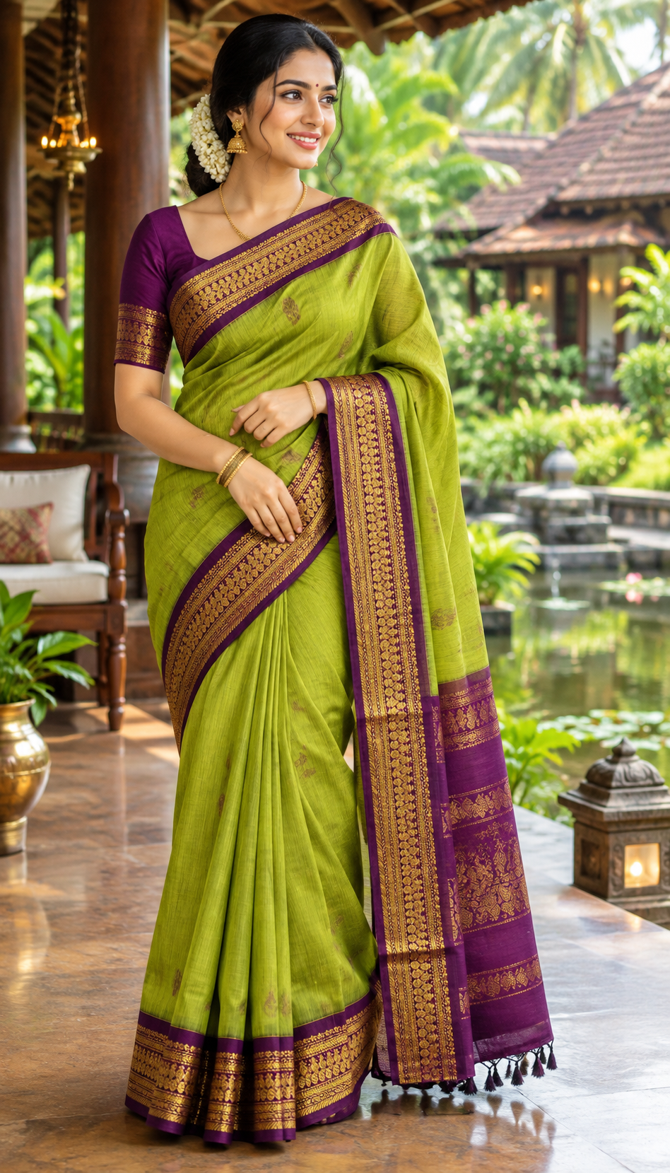 Lime Green & Deep Purple Kasavu-Style Saree (Kalyani Cotton)