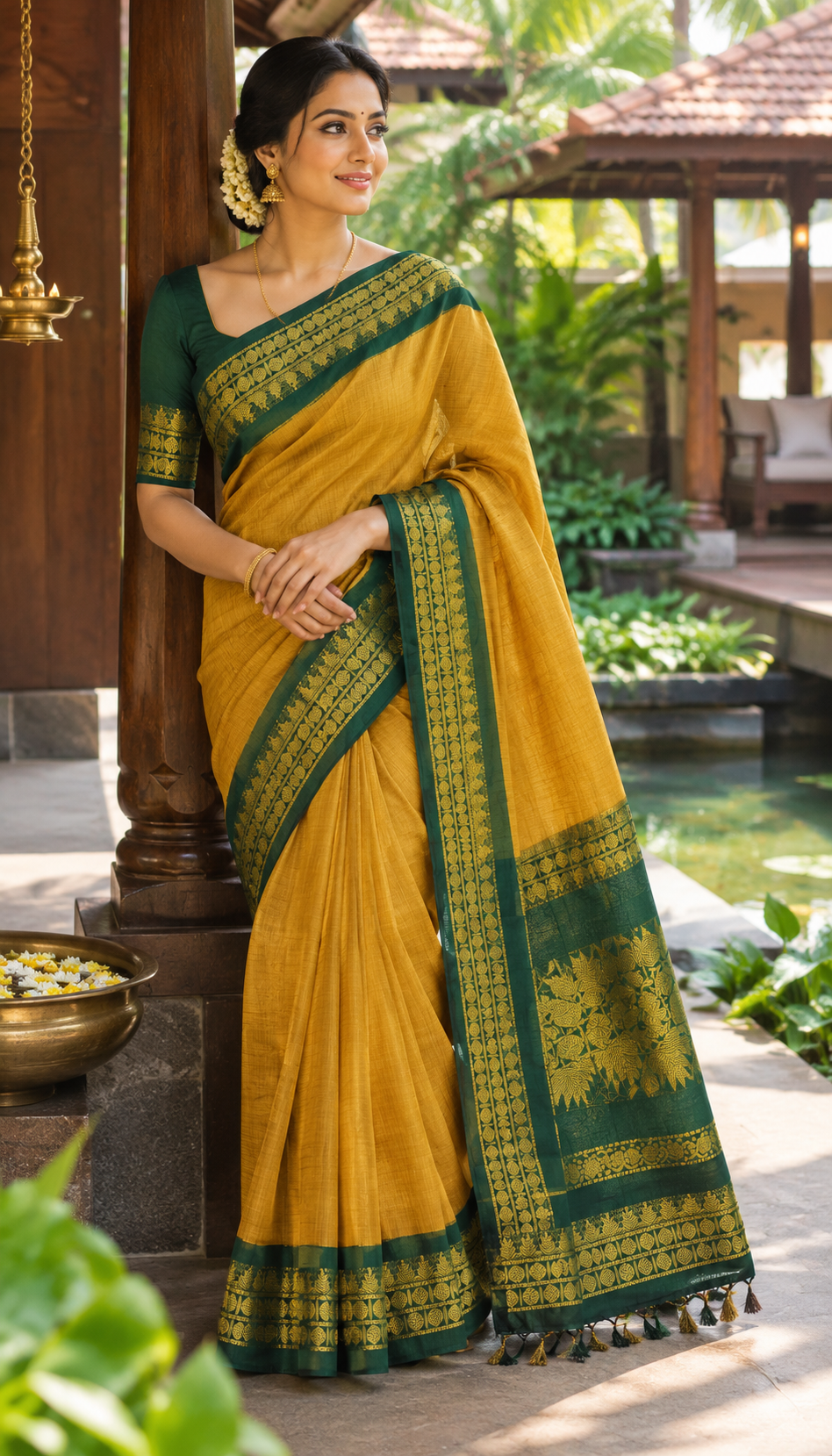 Mustard Gold & Emerald Green Kerala Saree (Kalyani Cotton)
