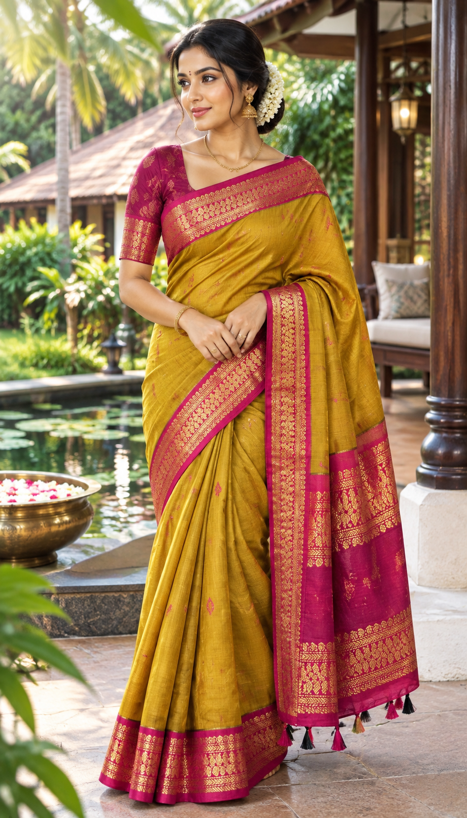 Mustard Gold & Magenta Heritage Saree (Kalyani Cotton)