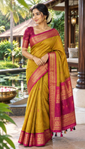 Mustard Gold & Magenta Heritage Saree (Kalyani Cotton)