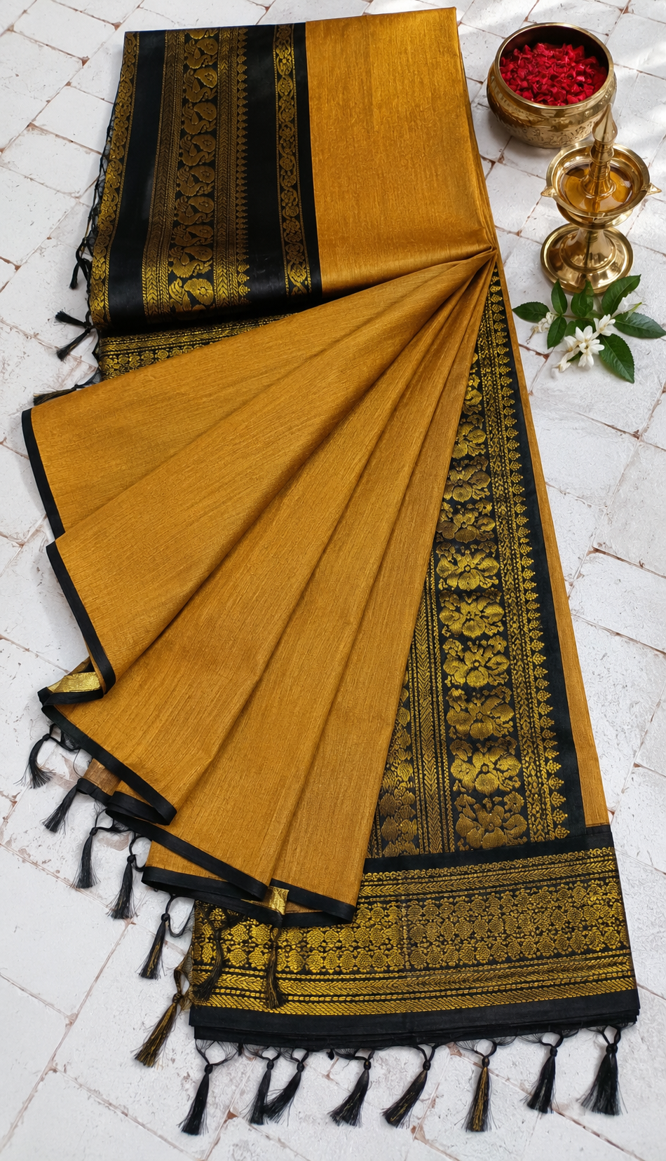 Mustard Gold & Black Zari Saree
