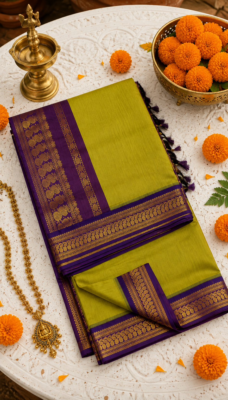 Mustard Gold & Purple Zari Saree