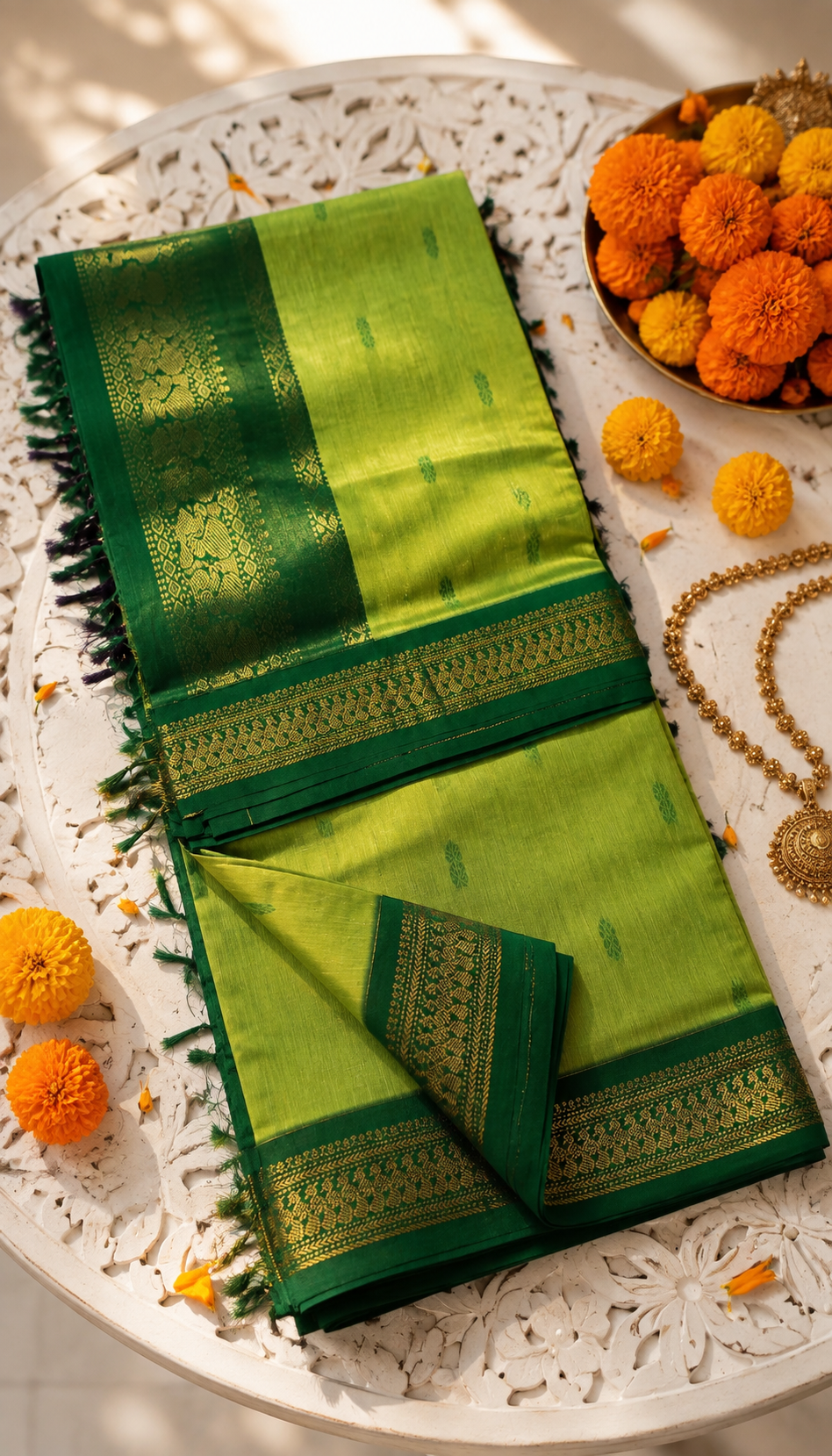 Kalyani Cotton Parrot Green & Bottle Green Zari Saree
