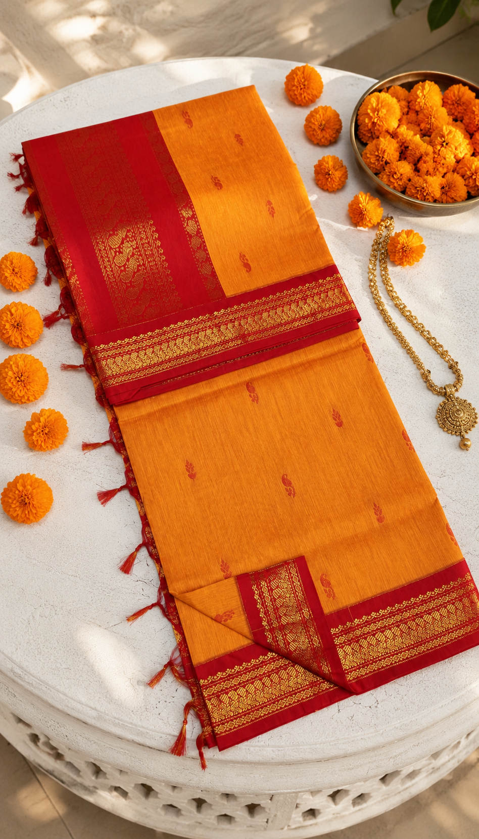 Kalyani Cotton Saree – Orange & Red