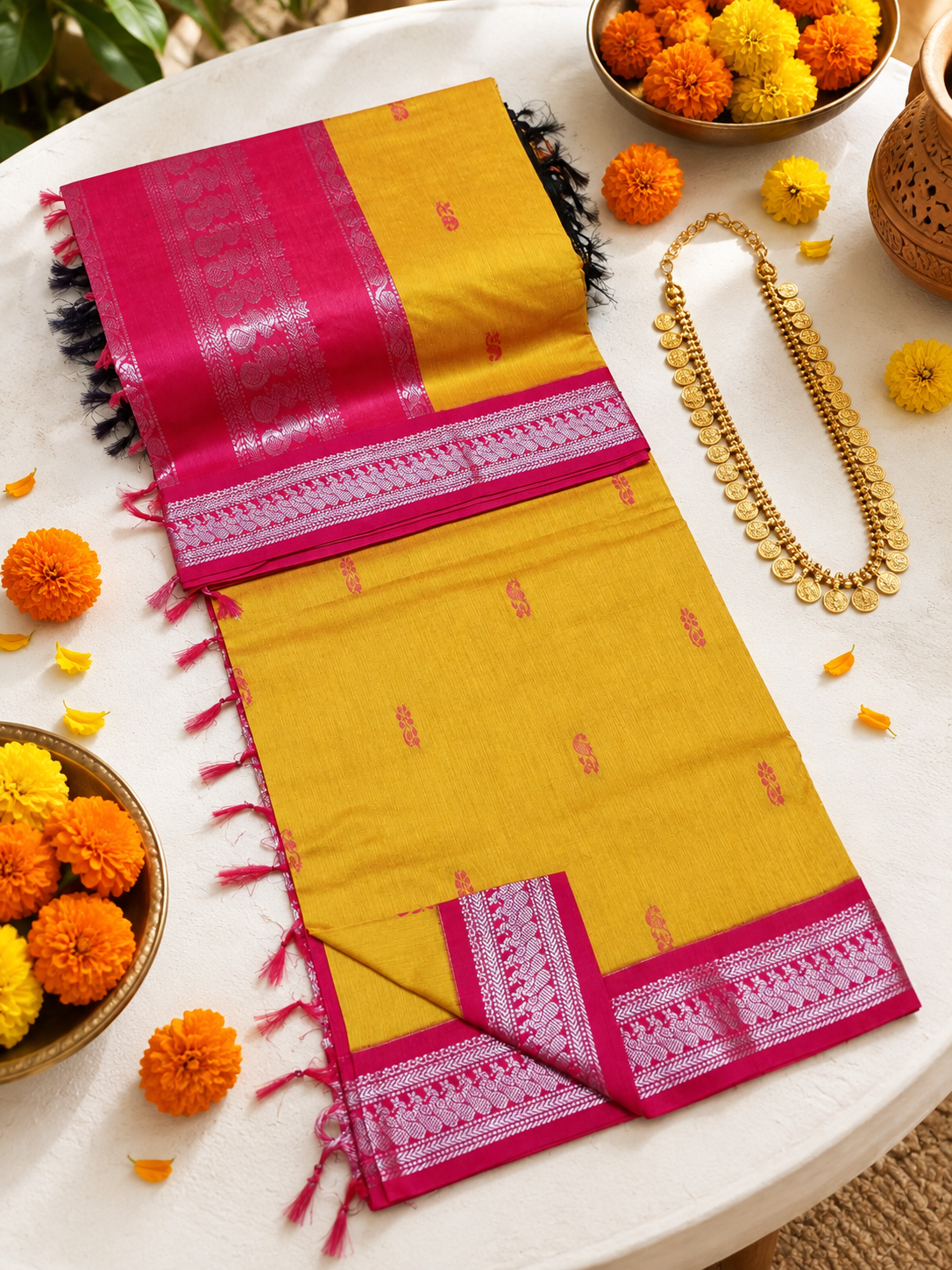 Kalyani Cotton Saree – Mustard Gold & Magenta Elegance (Kalyani Cotton)