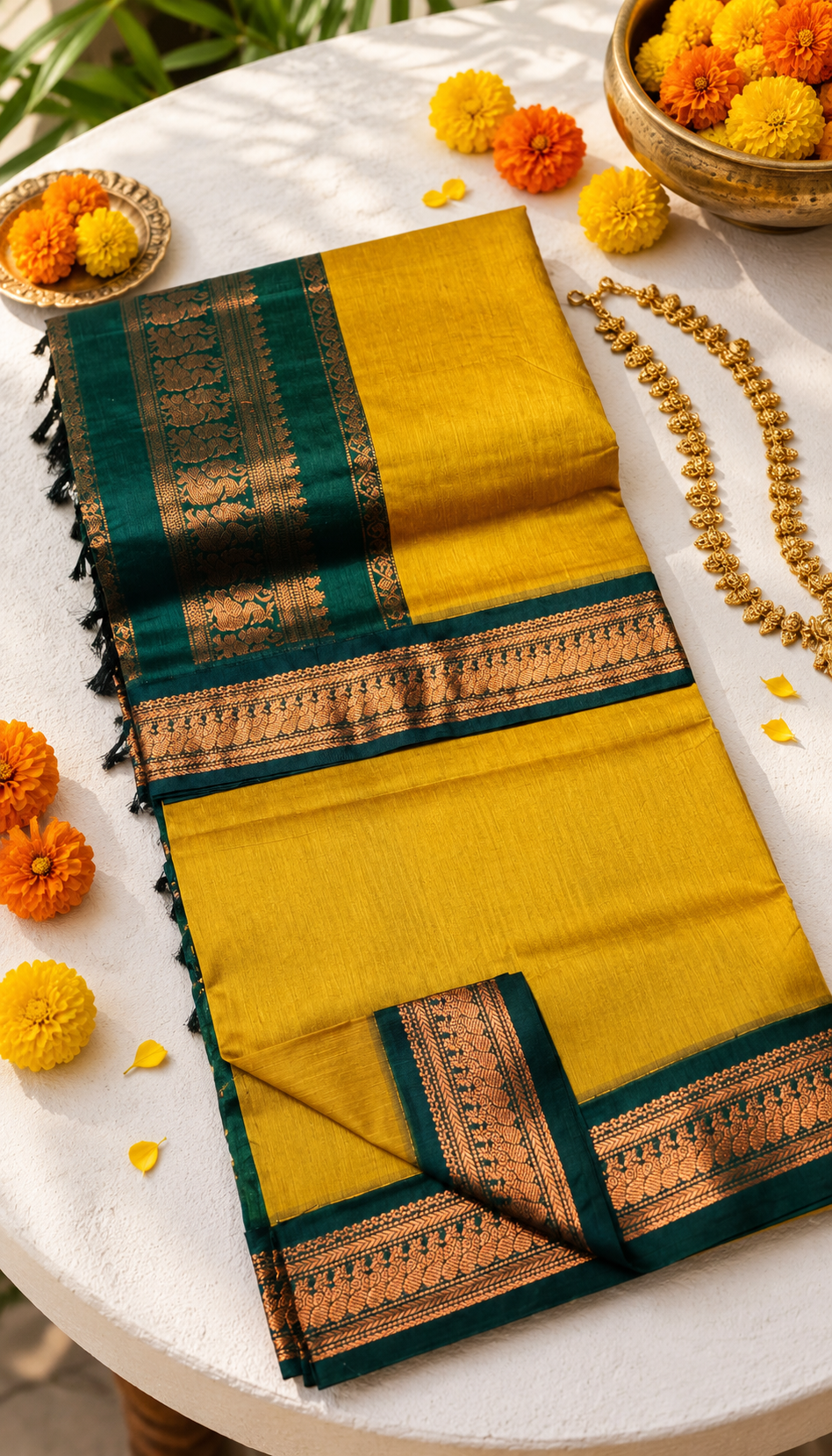 Mustard Yellow & Bottle Green Antique Zari Saree (Kalyani Cotton)