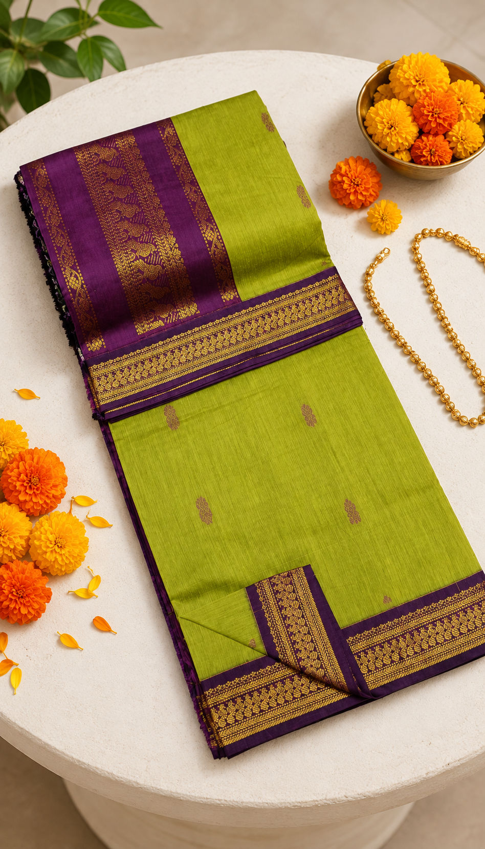 Lime Green & Deep Purple Kasavu-Style Saree (Kalyani Cotton)