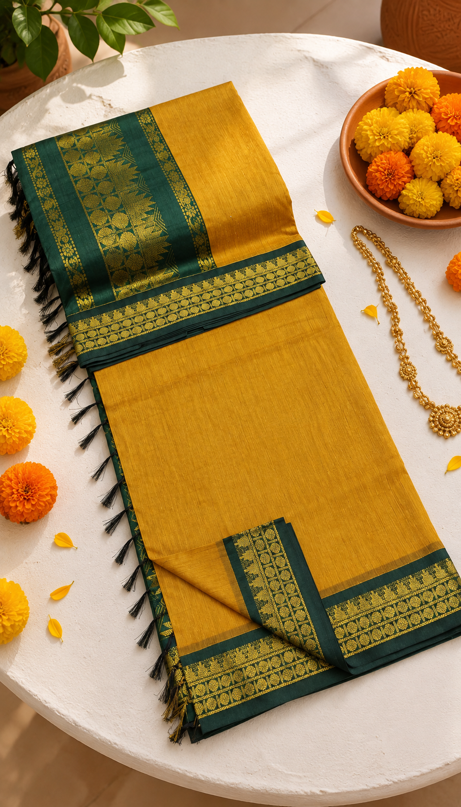 Mustard Gold & Emerald Green Kerala Saree (Kalyani Cotton)