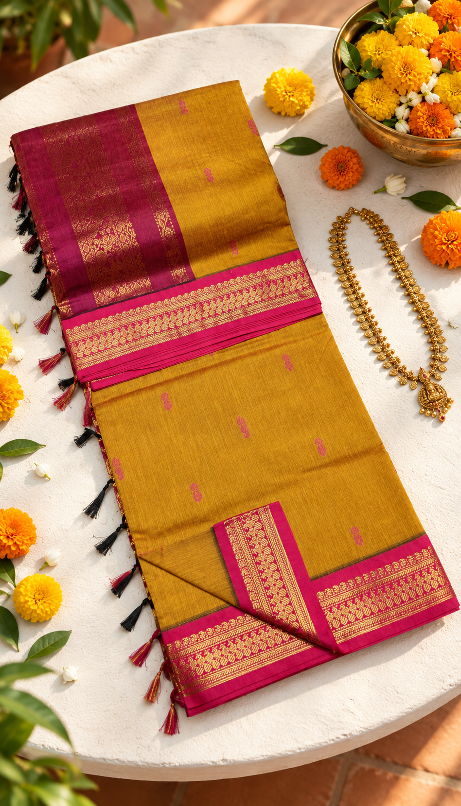Mustard Gold & Magenta Heritage Saree (Kalyani Cotton)